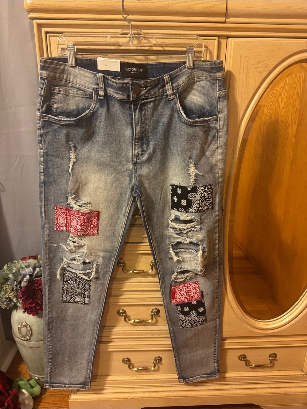 Victorious Denim Jeans, distressed, bandana patches, red and black, size 34x30